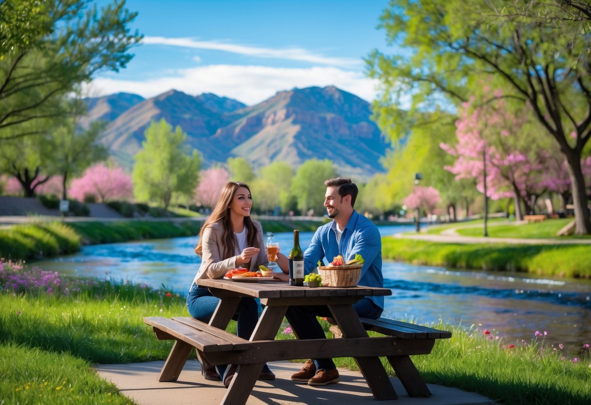 A young couple enjoying a picnic at a park with mountains and a river in the background.