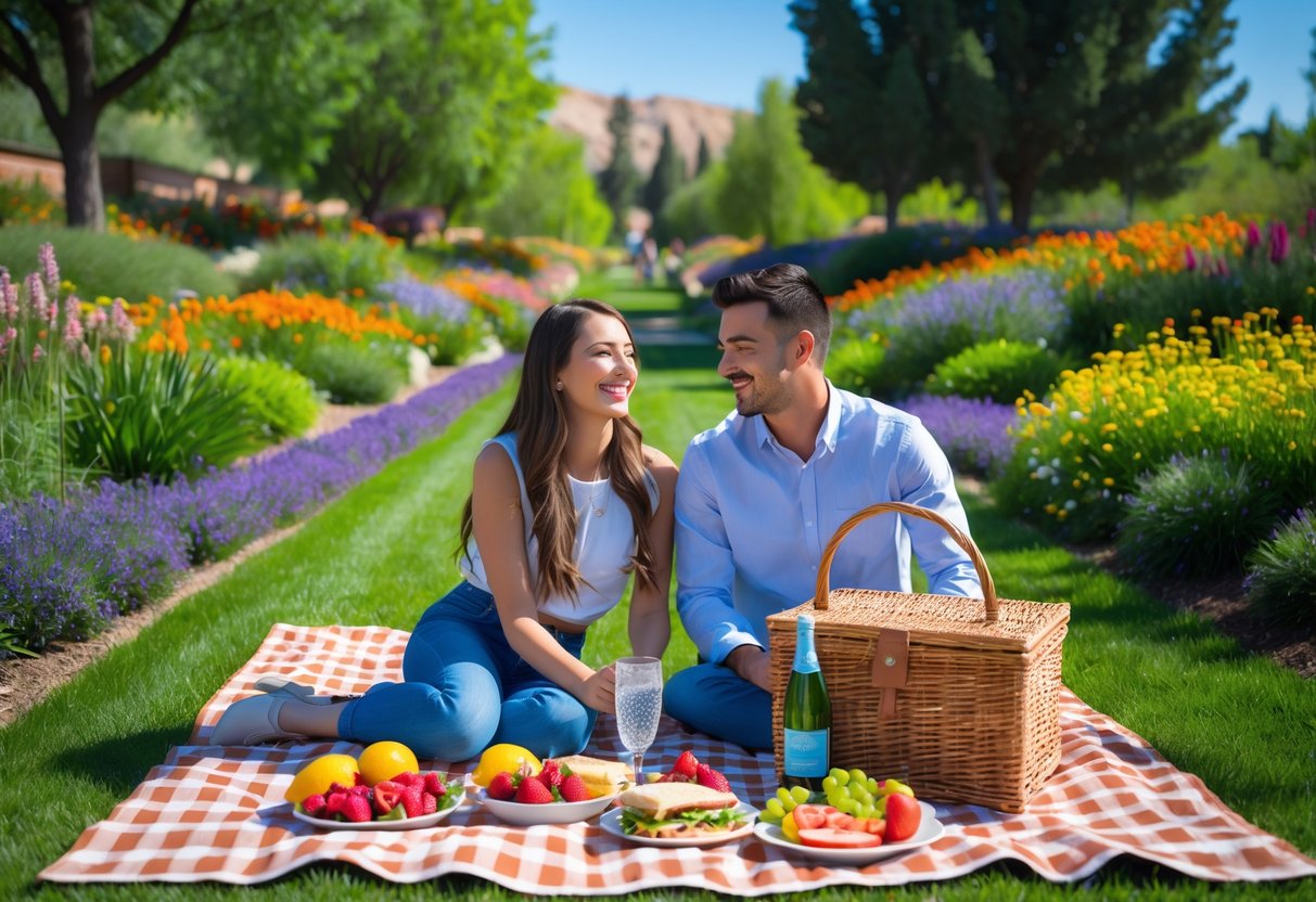 A young couple enjoying a picnic on a blanket surrounded by flowers and trees at Red Butte Garden.