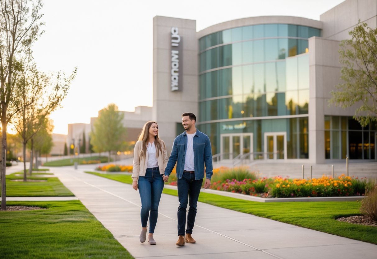 A young couple walking hand in hand outside the BYU Museum of Art in Provo, Utah on a sunny day.