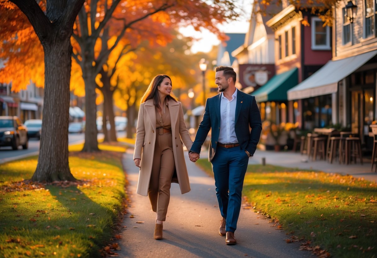 A couple walking hand-in-hand along a tree-lined path with autumn leaves in a park near a small town street.