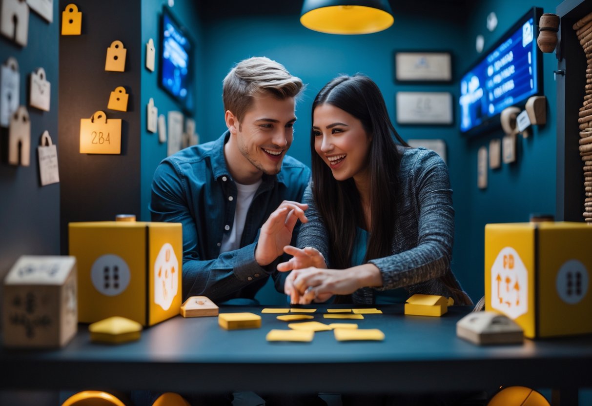 A young couple working together on puzzles in an escape room, focused and enjoying the challenge.