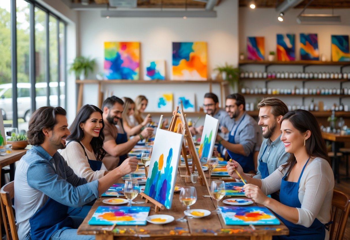 Couples painting on canvases and enjoying drinks together in a bright, cozy art studio.