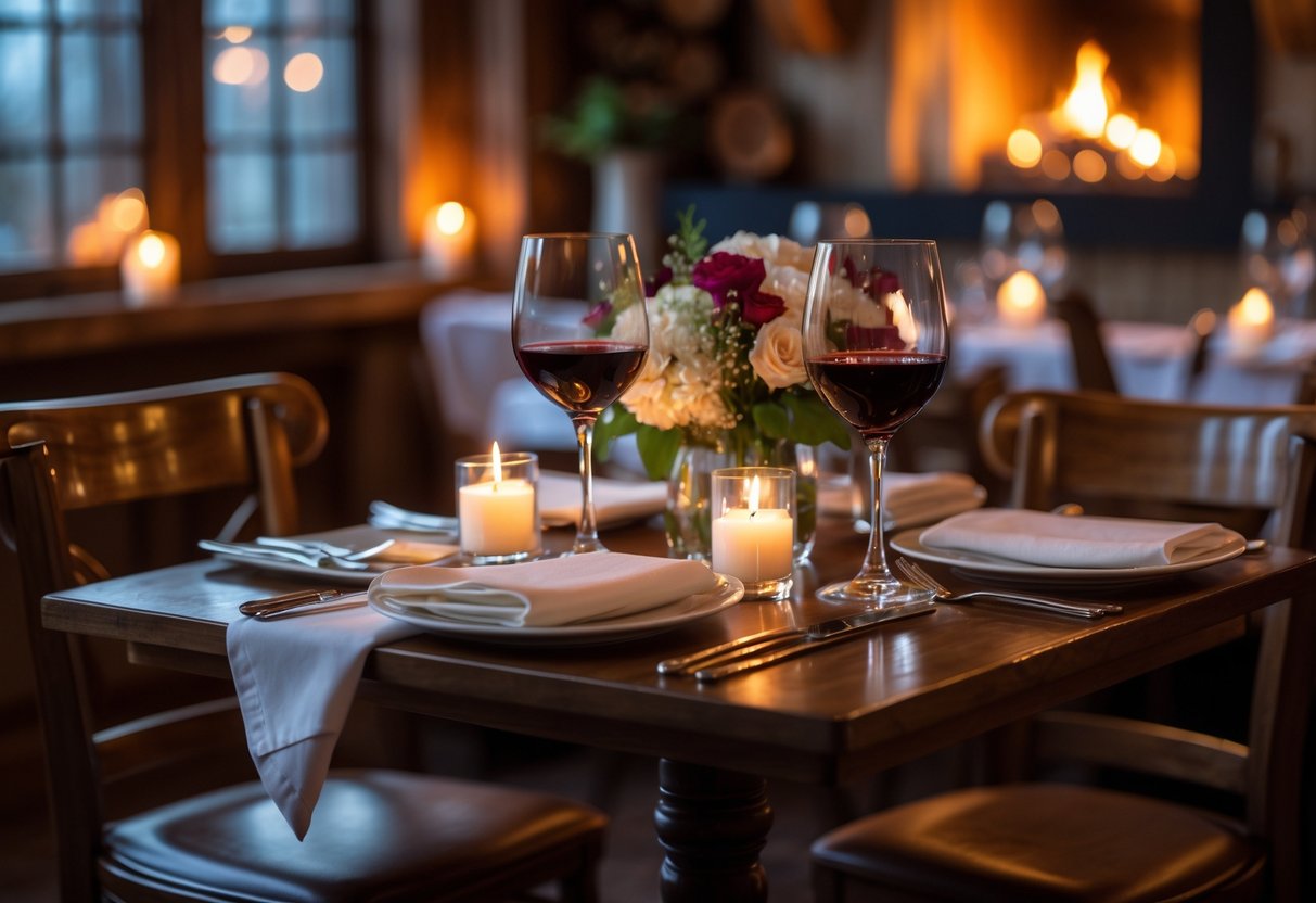 A small candlelit table set for two in a cozy restaurant with warm lighting and rustic decor.
