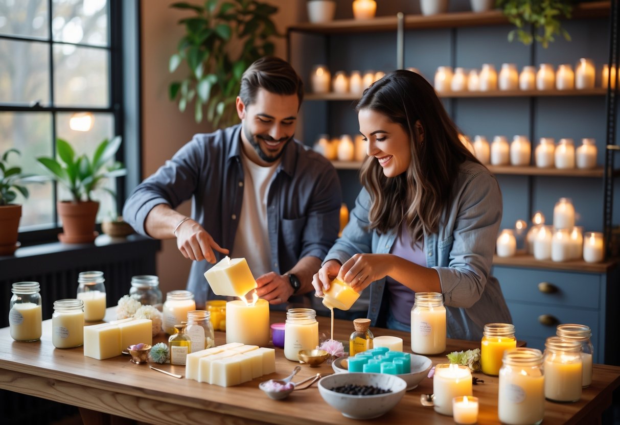 A couple making candles together at a wooden table filled with candle-making supplies in a cozy room with natural light.