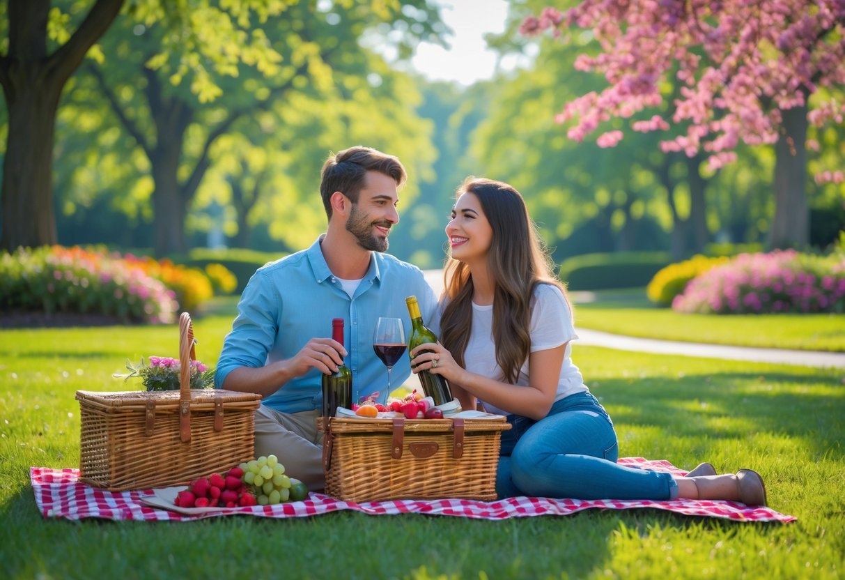 A couple having a picnic on a blanket in a green park surrounded by trees and flowers.