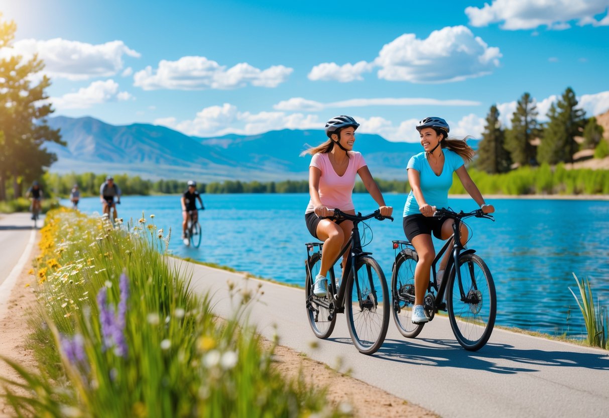 A couple riding bicycles together along a lakeside path with mountains and trees in the background.