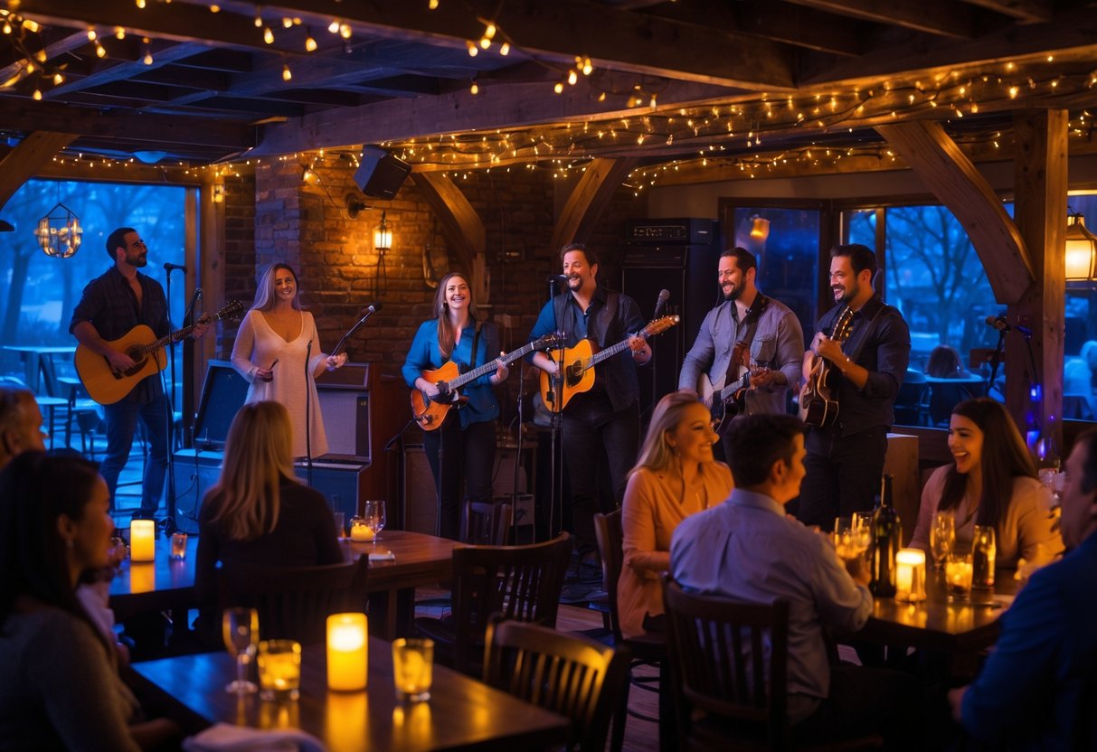 Couples and friends enjoying live music at a cozy tavern with a band playing on stage.