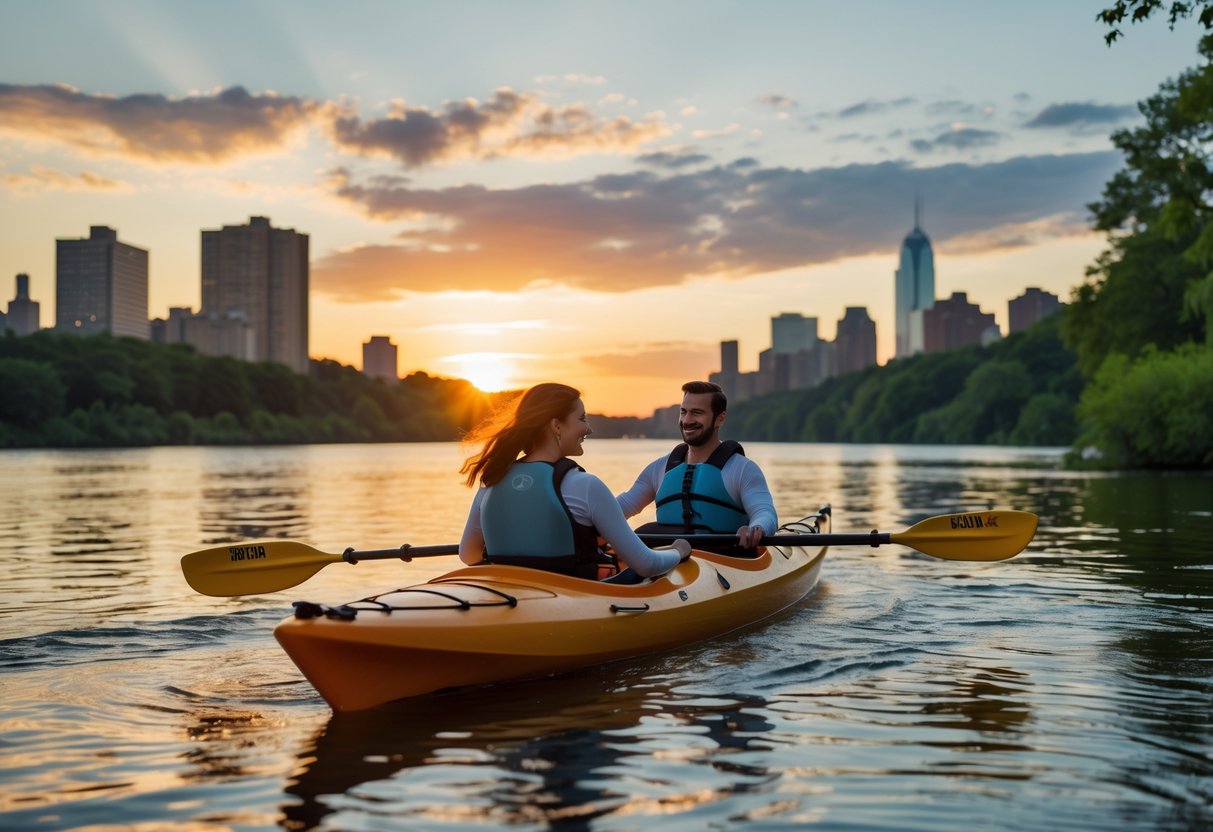 A couple kayaking together on the Hudson River during a colorful sunset with a city skyline and riverbanks in the background.