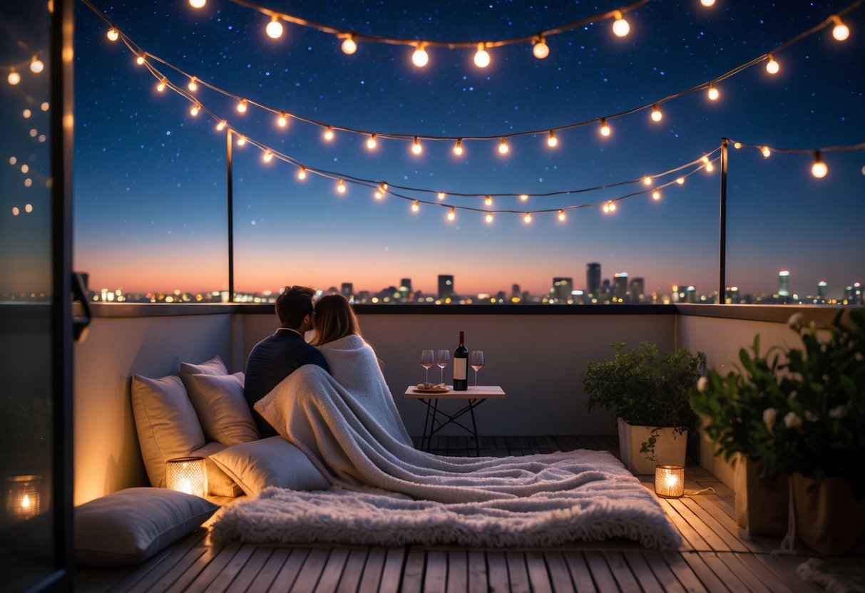 A couple sitting on a rooftop at night, wrapped in a blanket and looking up at a starry sky with city lights in the background.