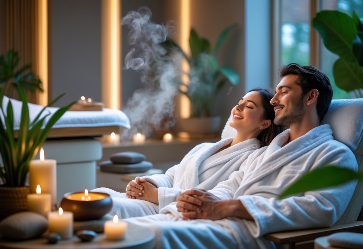 A couple wearing white robes relaxing together in a spa room with candles, plants, and soft lighting.