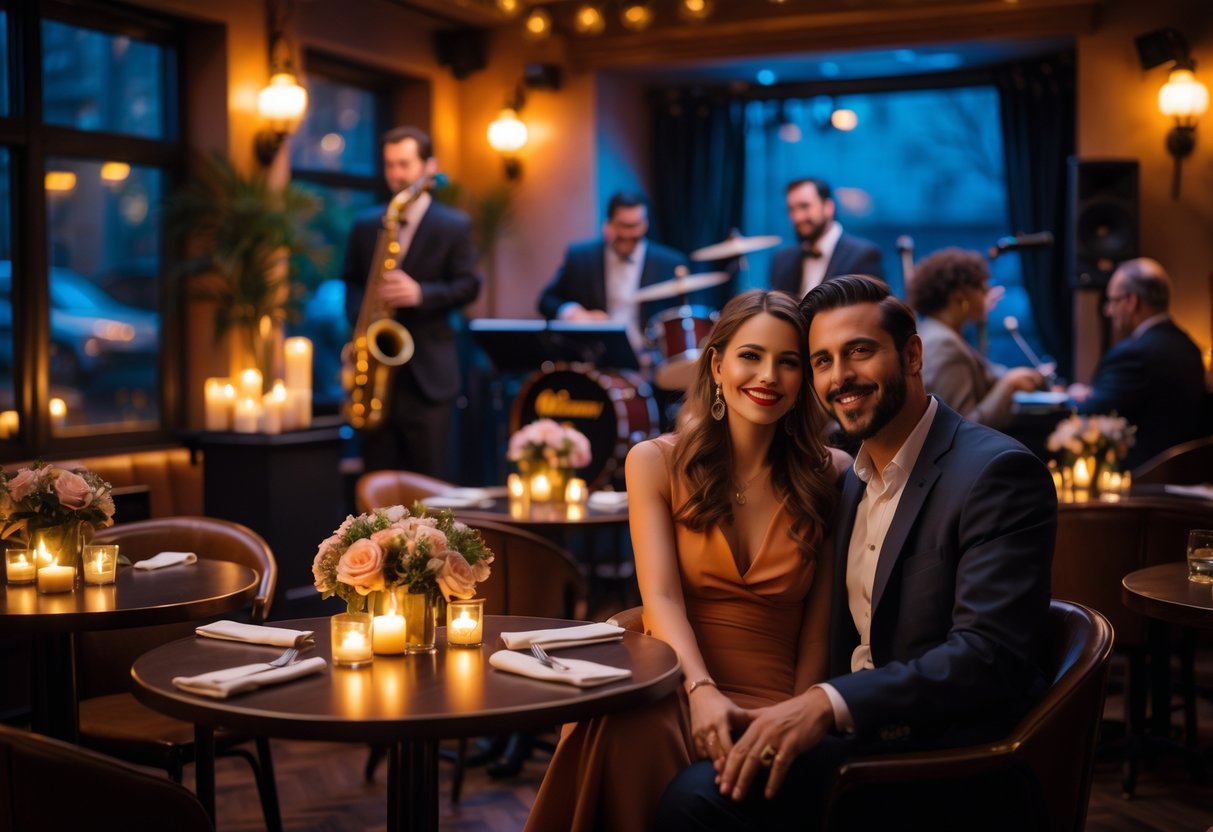 A couple enjoying a live jazz concert together at a cozy, candlelit jazz club.
