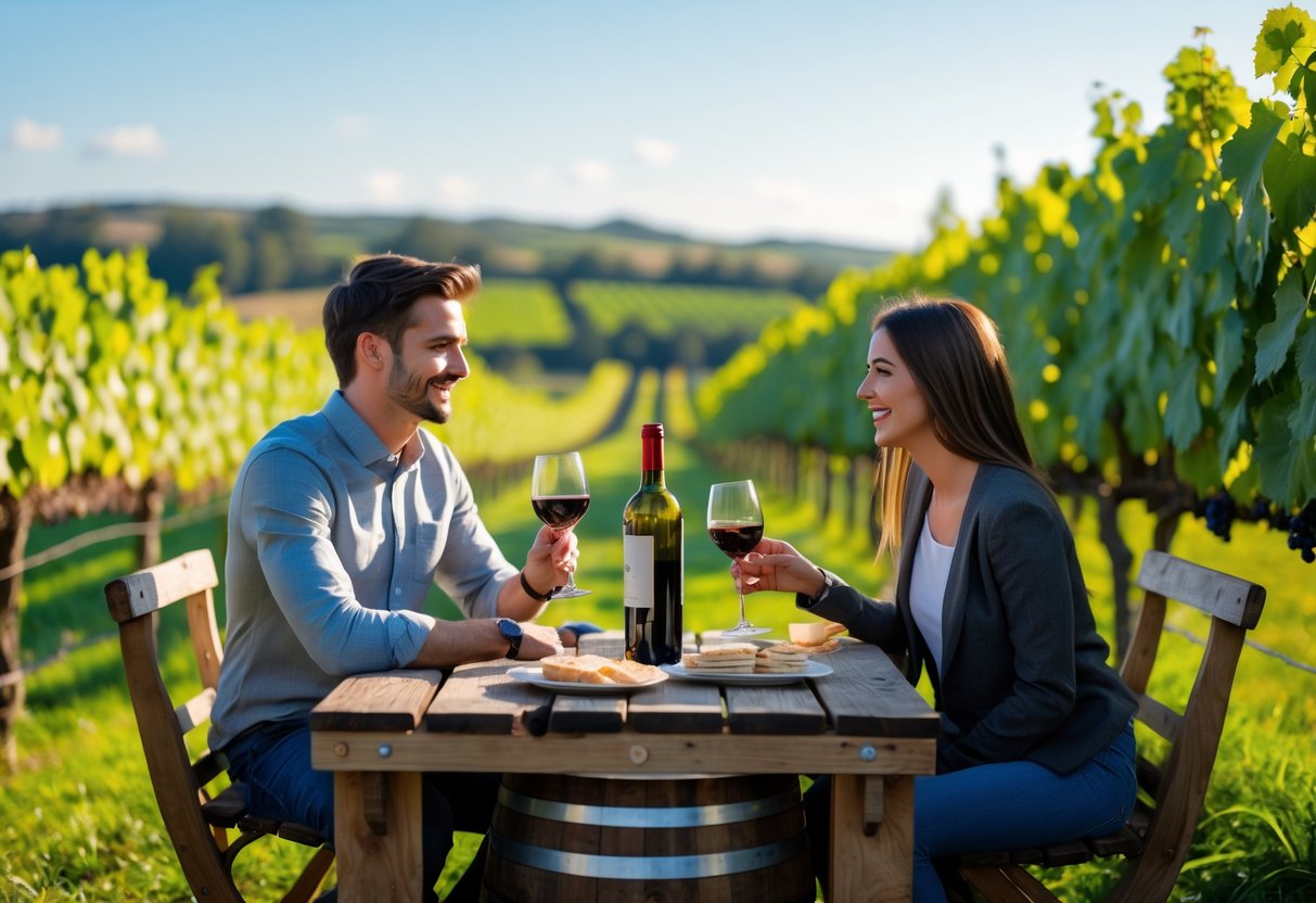 A young couple enjoying wine tasting together at a vineyard with grapevines and hills in the background.