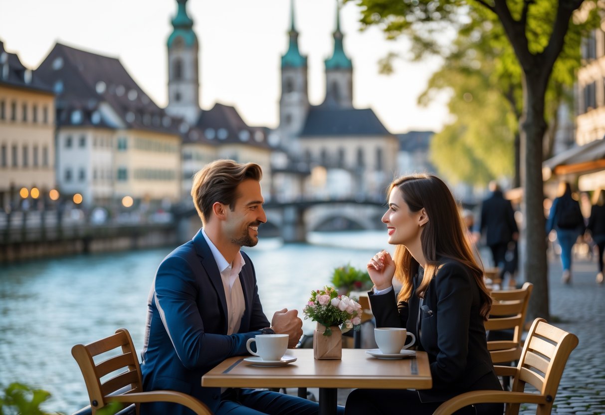 A couple enjoying coffee at an outdoor cafe by the river in Zurich with historic buildings in the background.