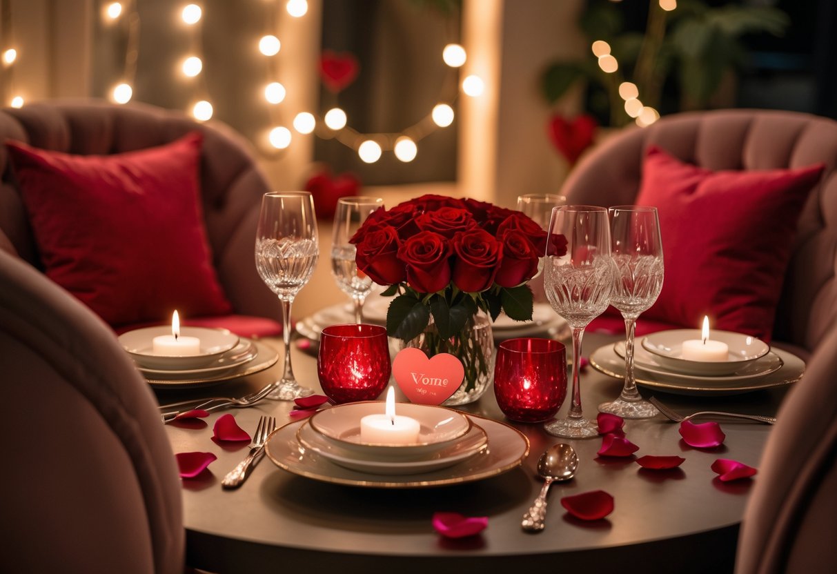 A cozy table for two set with candles, wine glasses, and red roses in a softly lit romantic room.