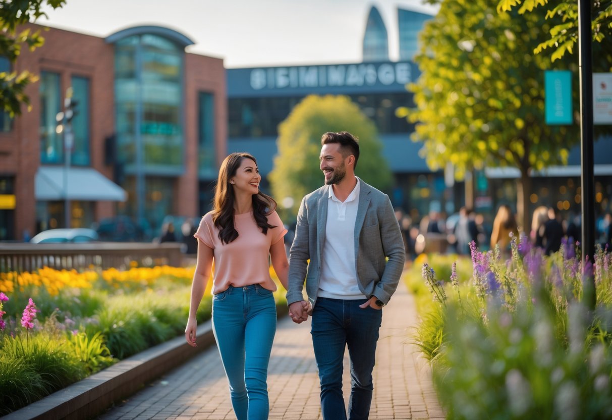 A couple walking hand-in-hand through a city park with modern buildings and greenery in the background.