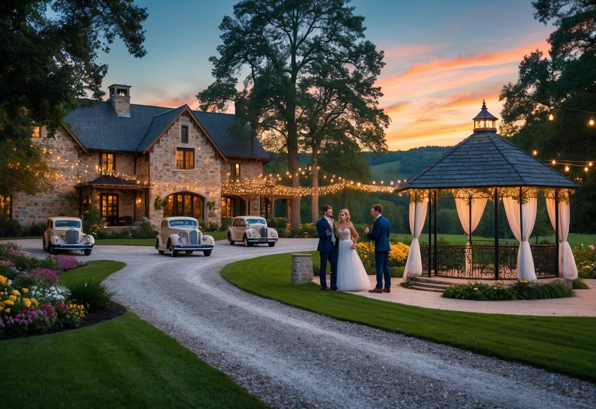 A charming country estate with a historic farmhouse, gardens, string lights, and young couples in formal attire gathered near a gazebo at sunset.