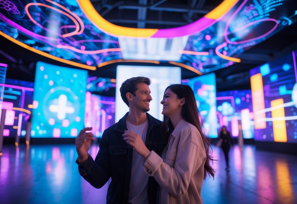 A young couple enjoying colorful digital art installations at an immersive indoor art experience in Las Vegas at night.