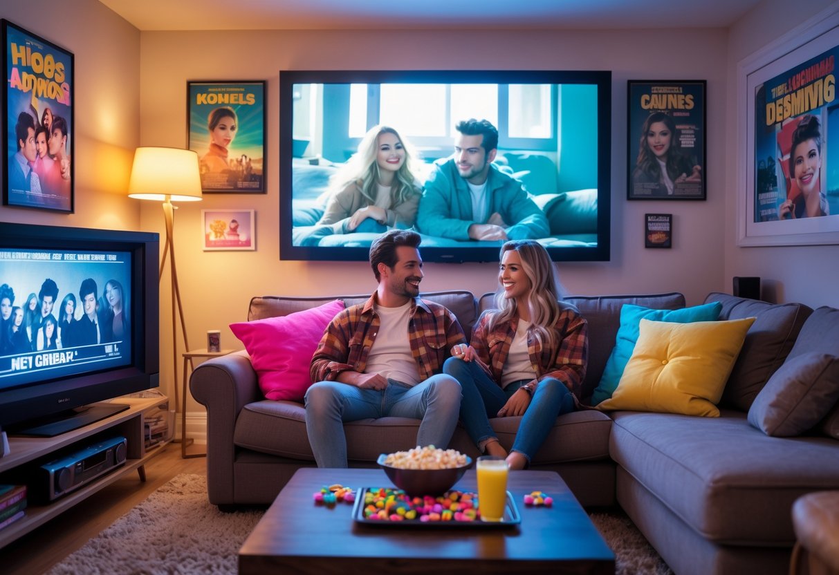 A couple sitting on a sofa in a living room decorated with 1980s movie posters and retro items, enjoying a movie night together.