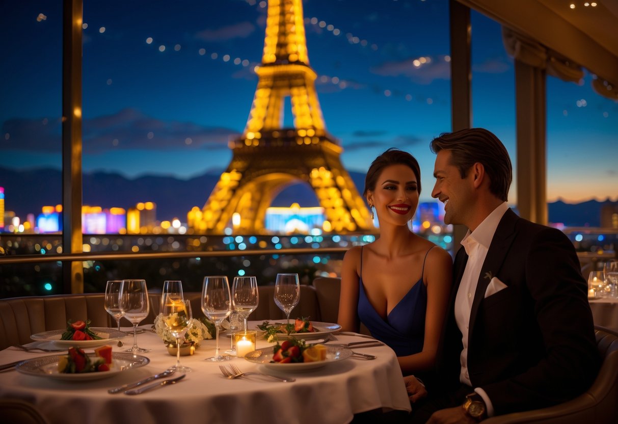 A couple enjoying a romantic dinner with the illuminated Eiffel Tower replica and Las Vegas city lights in the background.