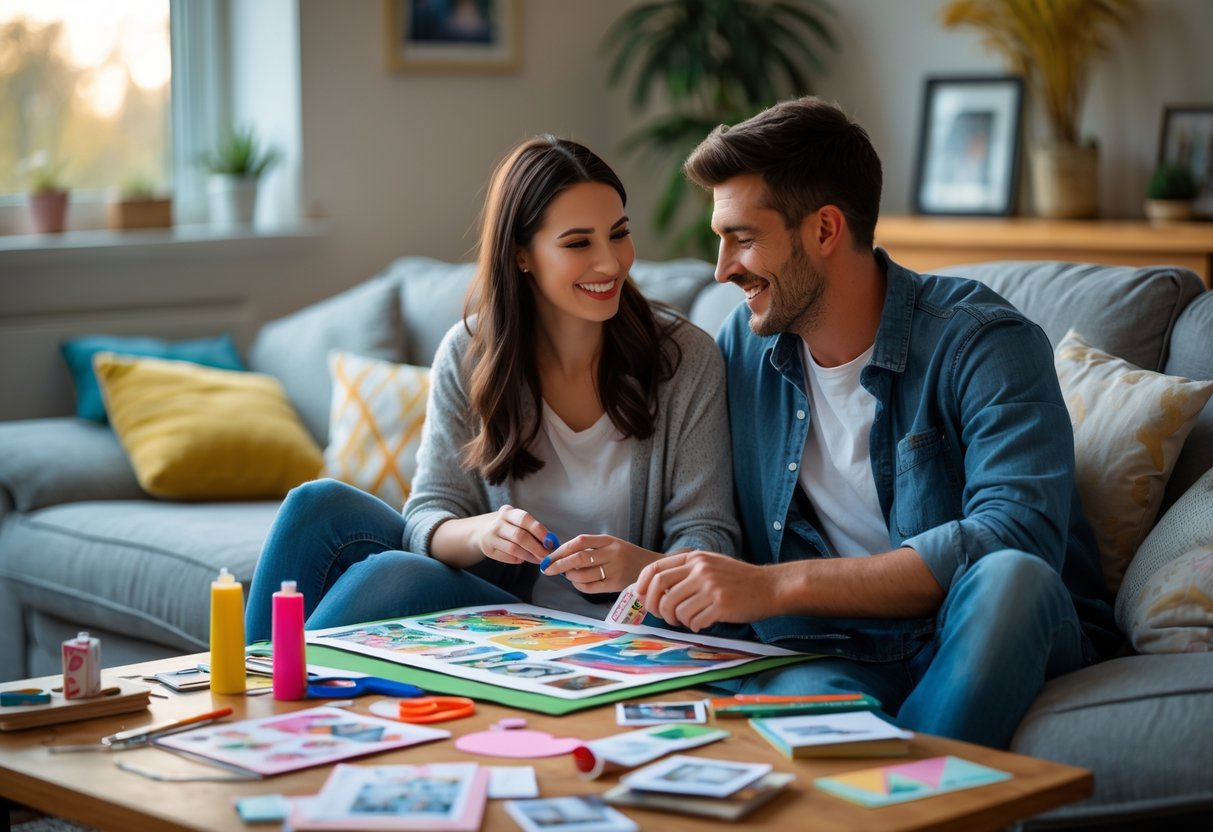 A couple sitting on a sofa making a scrapbook together with craft supplies on a coffee table in a cozy living room.