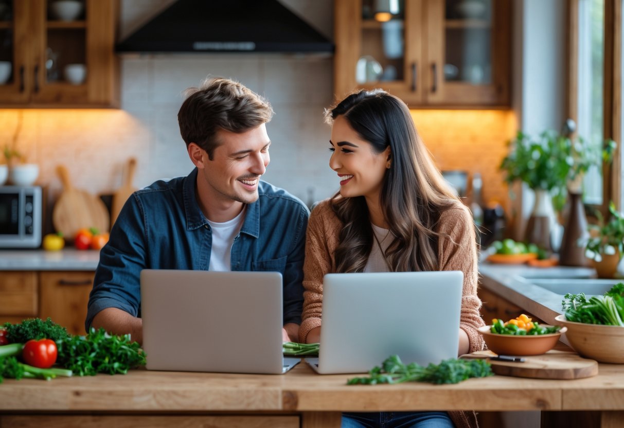 A young couple cooking together in a home kitchen while following an online cooking class on a laptop.