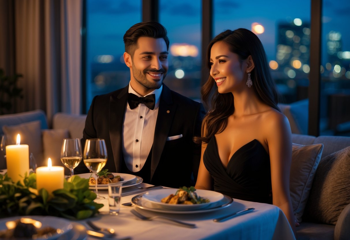 A couple dressed in formal attire enjoying a candlelit dinner at a beautifully set table in a cozy home dining room.