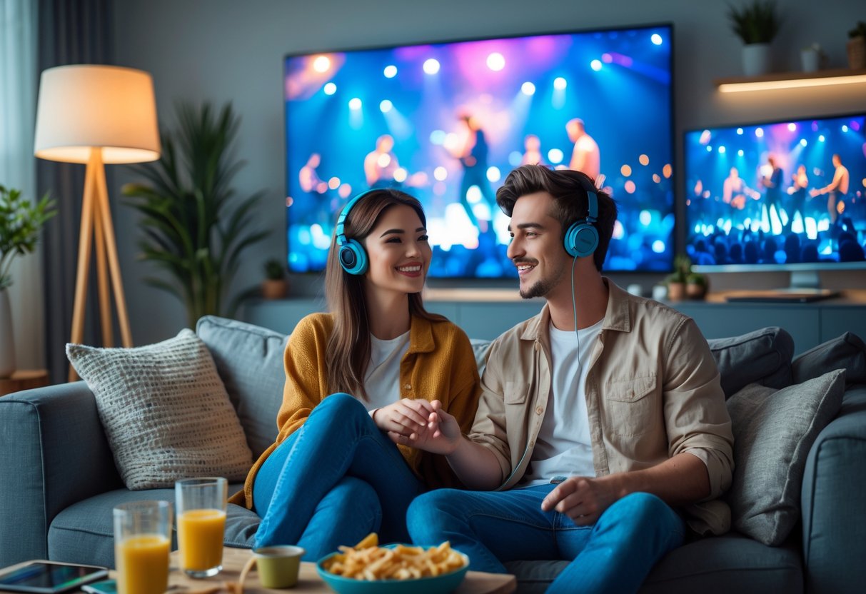A couple sitting on a sofa watching a live-stream concert on a large screen in a cozy living room.