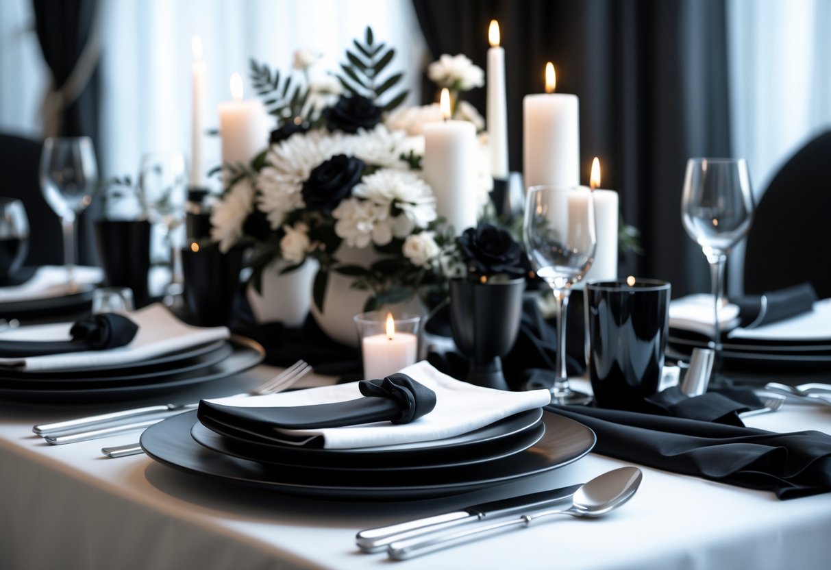 A dinner table set for two with black and white plates, candles, and flowers creating a romantic atmosphere.