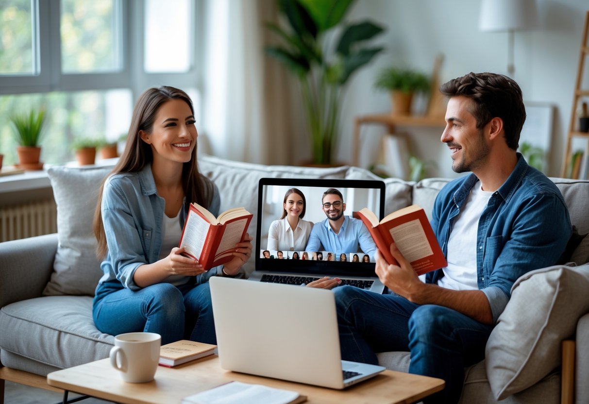 Two people sitting on a sofa holding books and smiling, participating in a virtual video call with another couple on a laptop nearby.