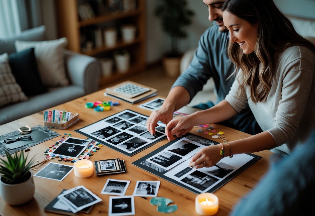 A couple sitting at a table creating a scrapbook with black and white photos and craft supplies.