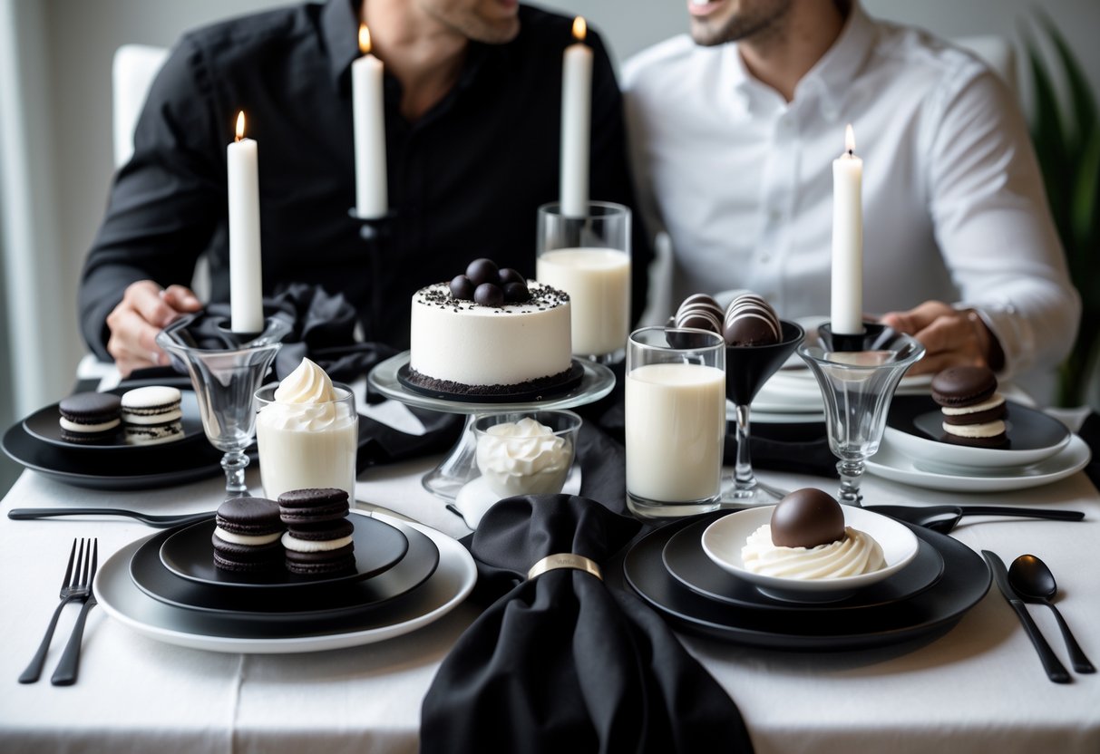A table set with black and white desserts and two people enjoying a dessert tasting party.