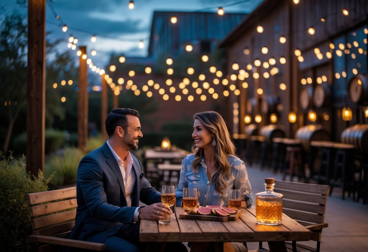 A couple enjoying a romantic evening at an outdoor distillery patio with drinks and warm lighting.