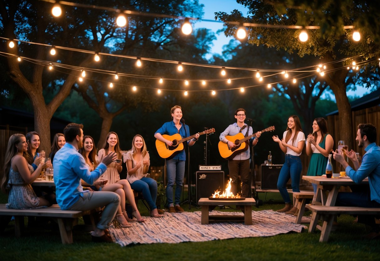 Couples enjoying live music outdoors at The Backyard in Waco during the evening.