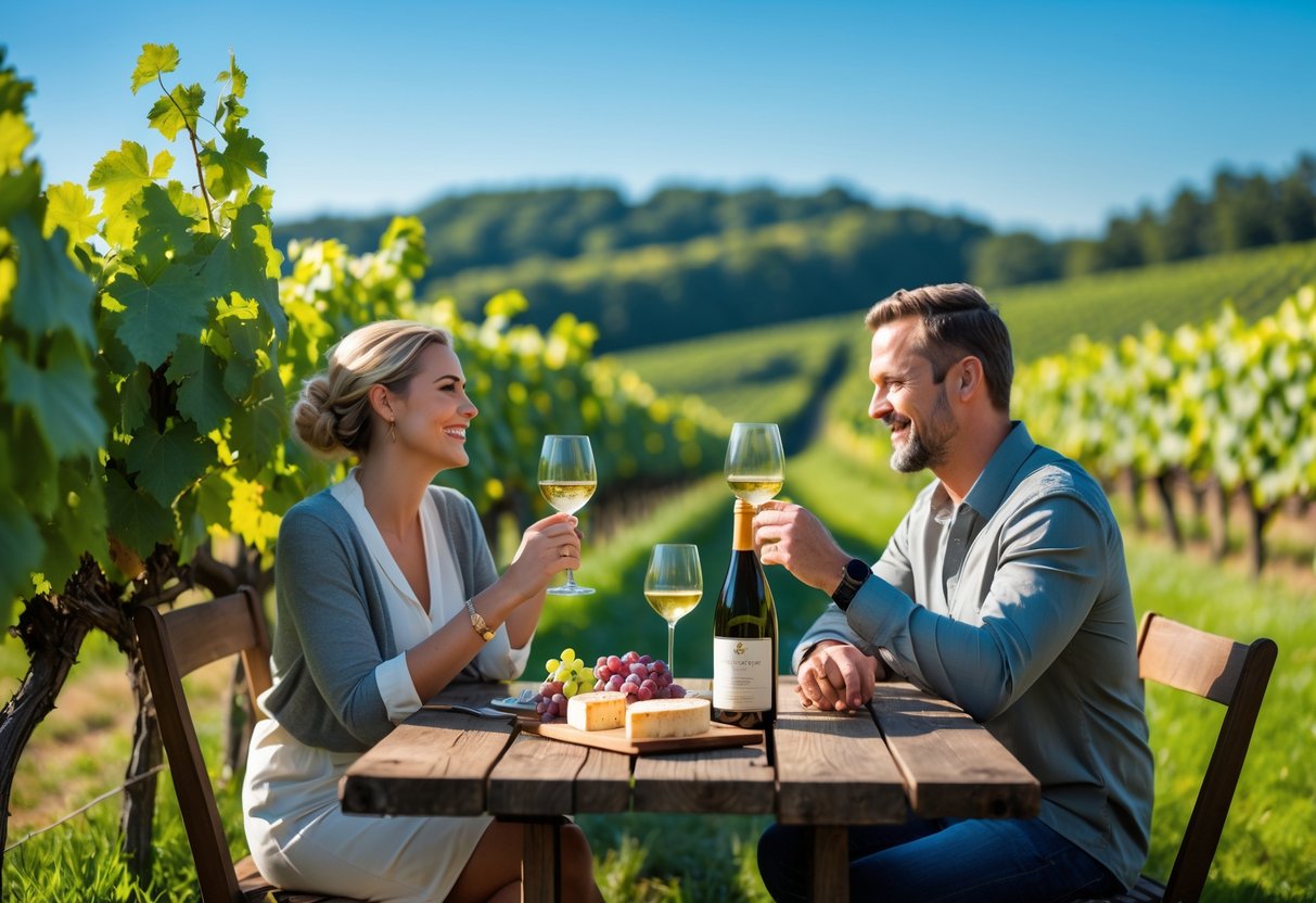 A couple enjoying wine tasting outdoors at a vineyard surrounded by grapevines and rolling hills.