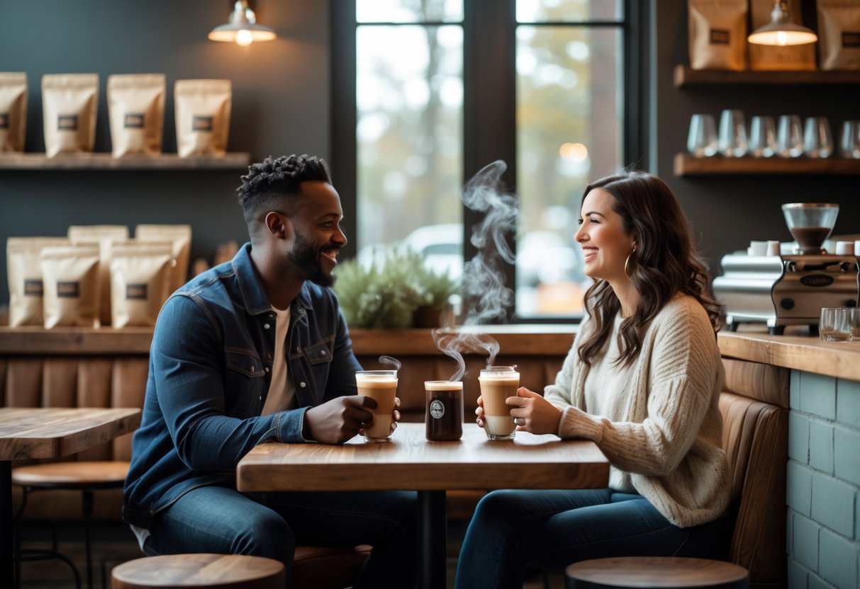 A couple enjoying coffee together at a cozy table inside a coffee shop with warm lighting and rustic decor.