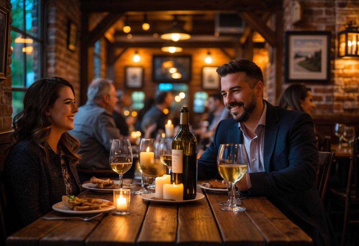 A couple enjoying a cozy dinner at a rustic tavern with warm lighting and wooden decor.