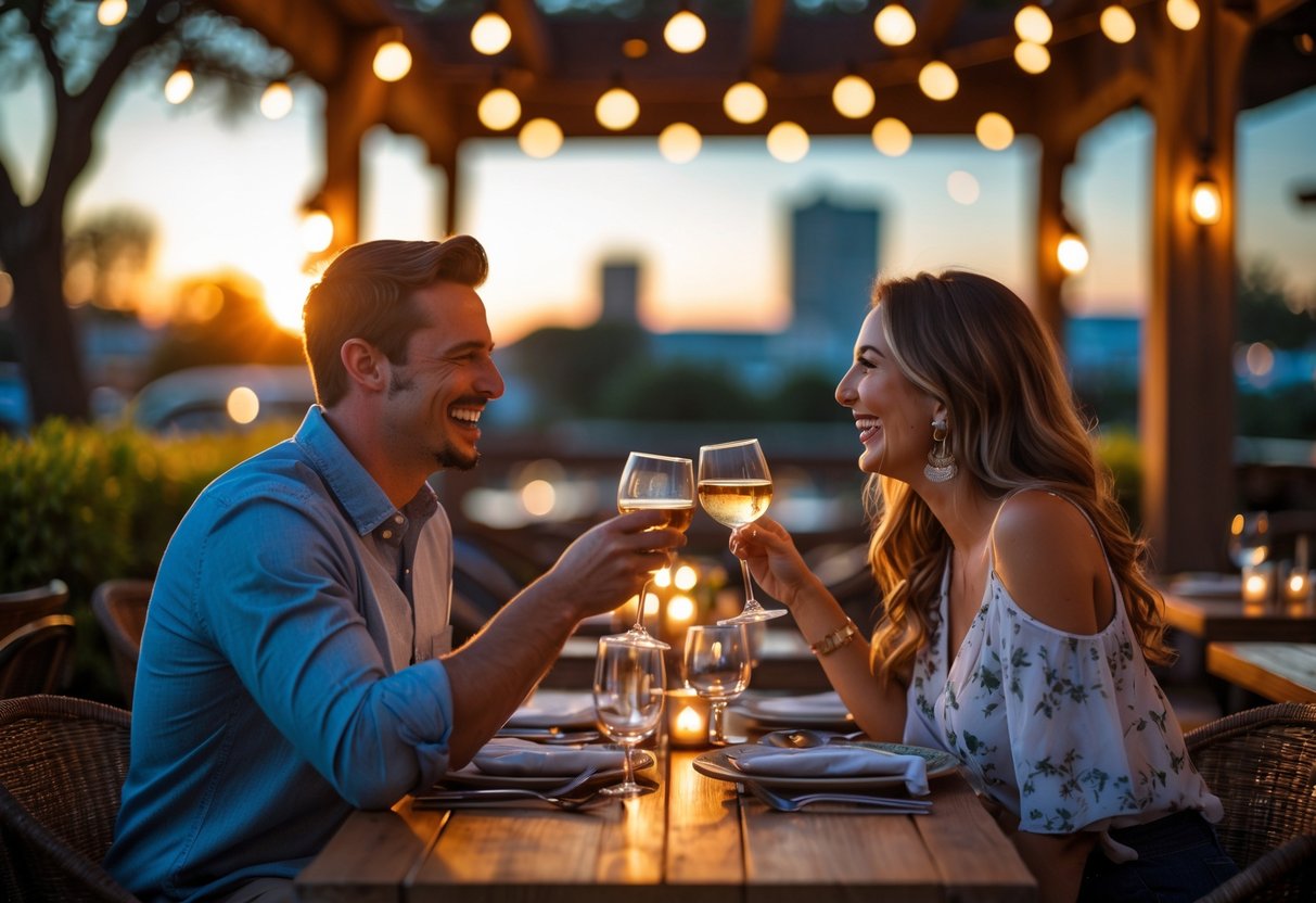 A couple enjoying a romantic outdoor dinner at a softly lit restaurant patio in Waco during sunset.