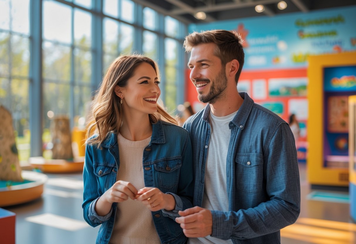 A young couple exploring interactive exhibits inside a bright museum, smiling and enjoying their visit.