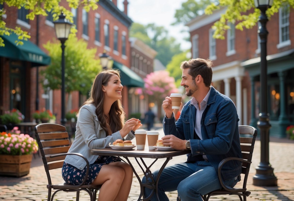 A young couple sitting at an outdoor café table in a historic town square, enjoying a sunny afternoon together.