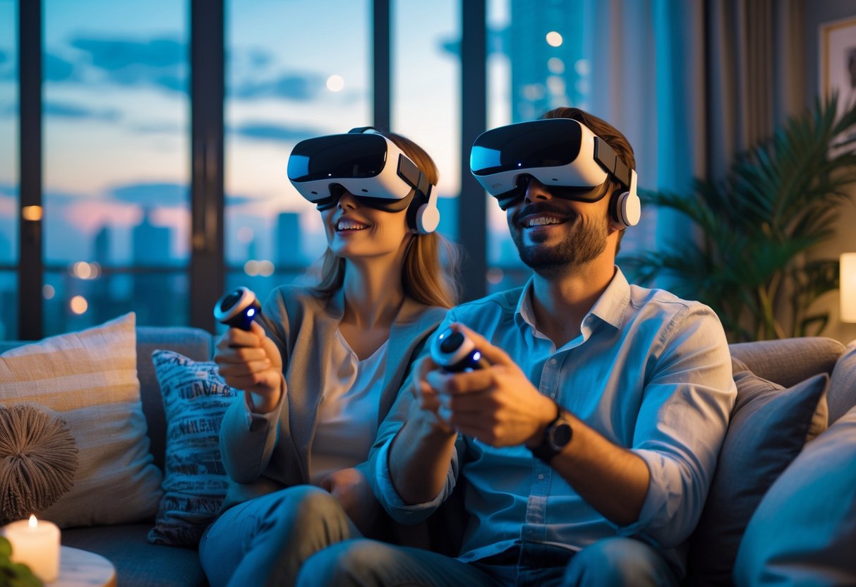 A couple wearing virtual reality headsets enjoying a VR date together in a cozy living room.