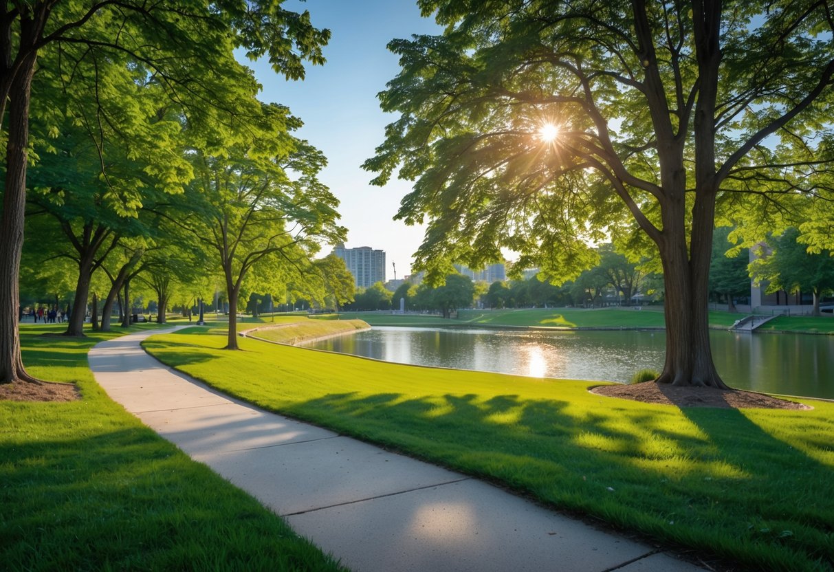 A peaceful park scene with a walking path, green trees, and a calm pond in Victoria Park, Kitchener.