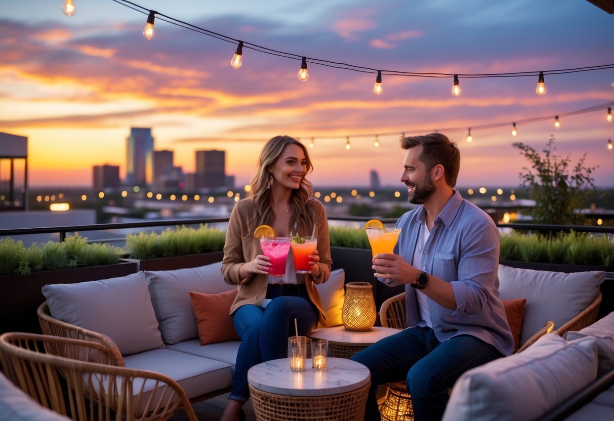 A couple enjoying cocktails together on a rooftop bar with a city skyline at sunset.