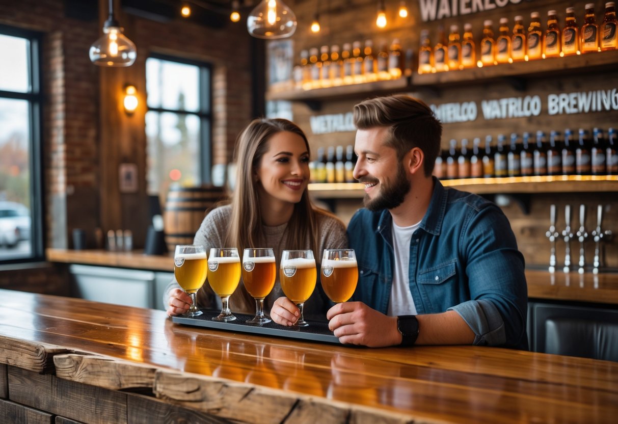A young couple enjoying craft beer tasting together at a brewery bar with tasting glasses and brewery decor in the background.