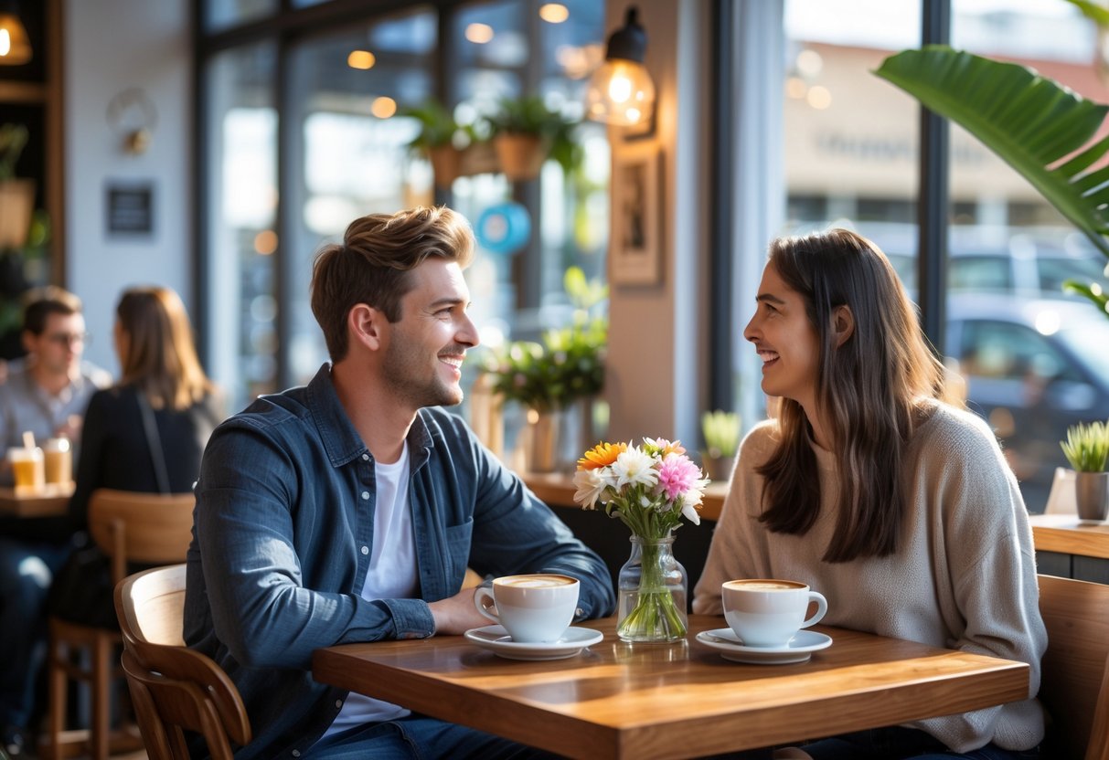 A young couple enjoying coffee together at a cozy cafe table with natural light and a warm atmosphere.