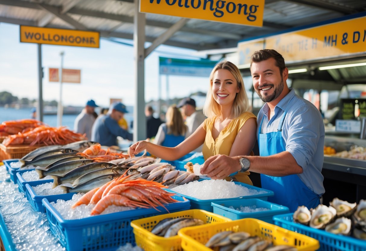 A couple choosing fresh seafood at a busy fish market with a fishmonger and market stalls in the background.