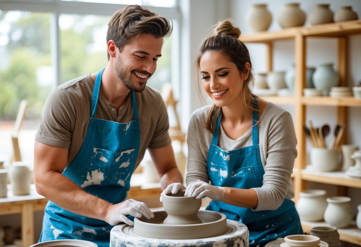 A young couple shaping clay together at a pottery wheel in a bright pottery studio.