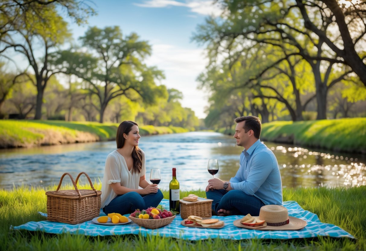 A couple enjoying a picnic on a blanket by the Brazos River surrounded by trees and greenery.