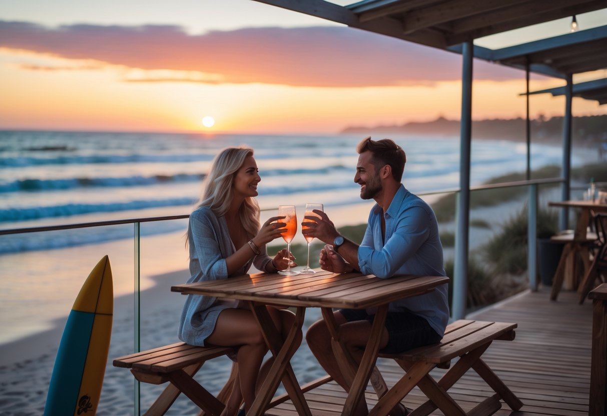 A couple enjoying drinks together on a beachside deck at sunset with the ocean and surfboards in the background.