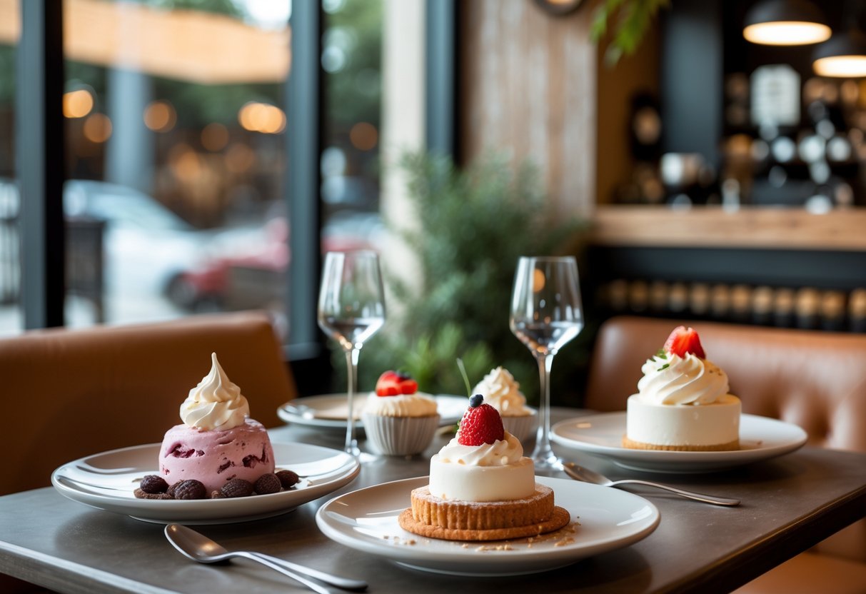 A cozy cafe table with two plates of gelato and pastries in a warm, inviting setting.