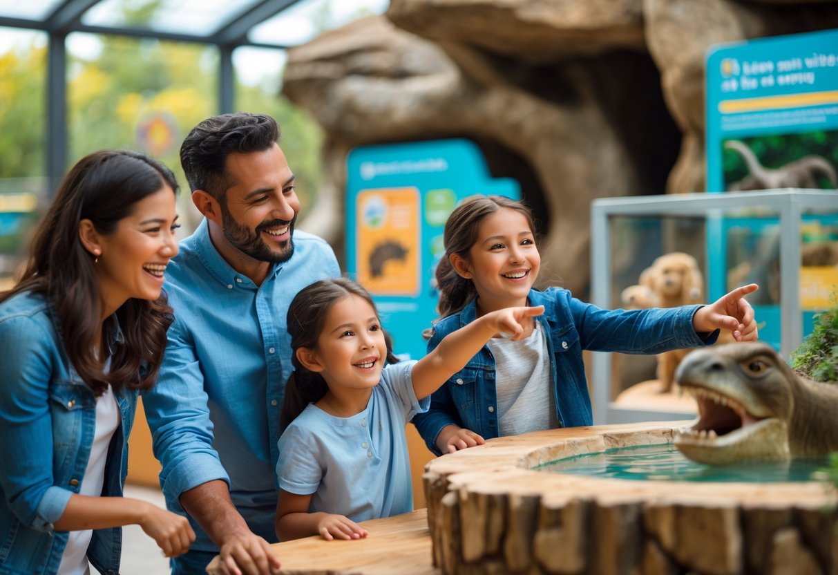 A family with two children enjoying a visit at a museum or zoo, looking at exhibits or animals with smiles.